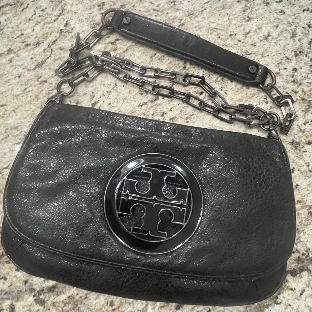 Tory Burch Black Leather Shoulder Bag with Chain Strap